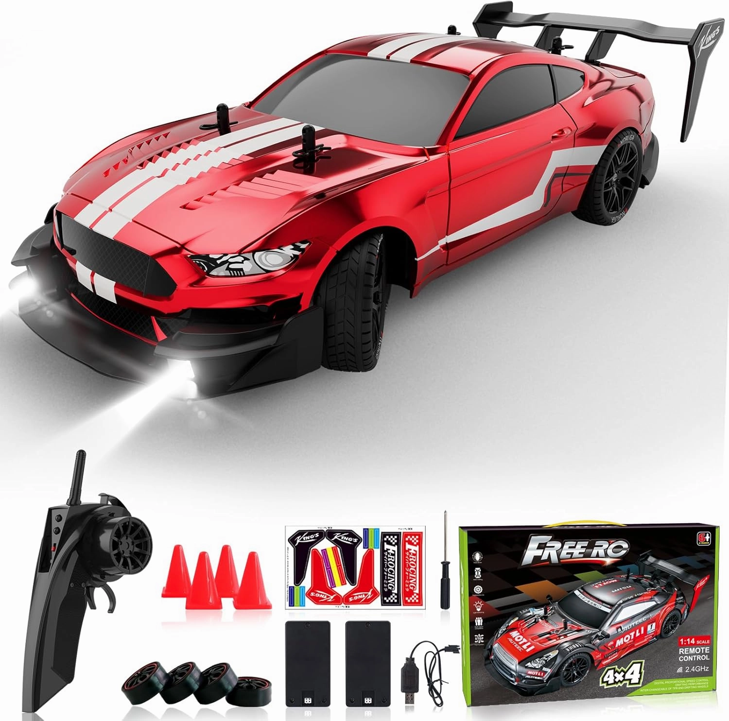 Remote Control Car RC Drift Car 1:16 Scale 4WD RC Vehicle with LED Lights 2.4GHz 30km/h RTR High Speed Racing Sport Toy for Adults Boys Girls Kids Gift 2Pcs Rechargeable Battery