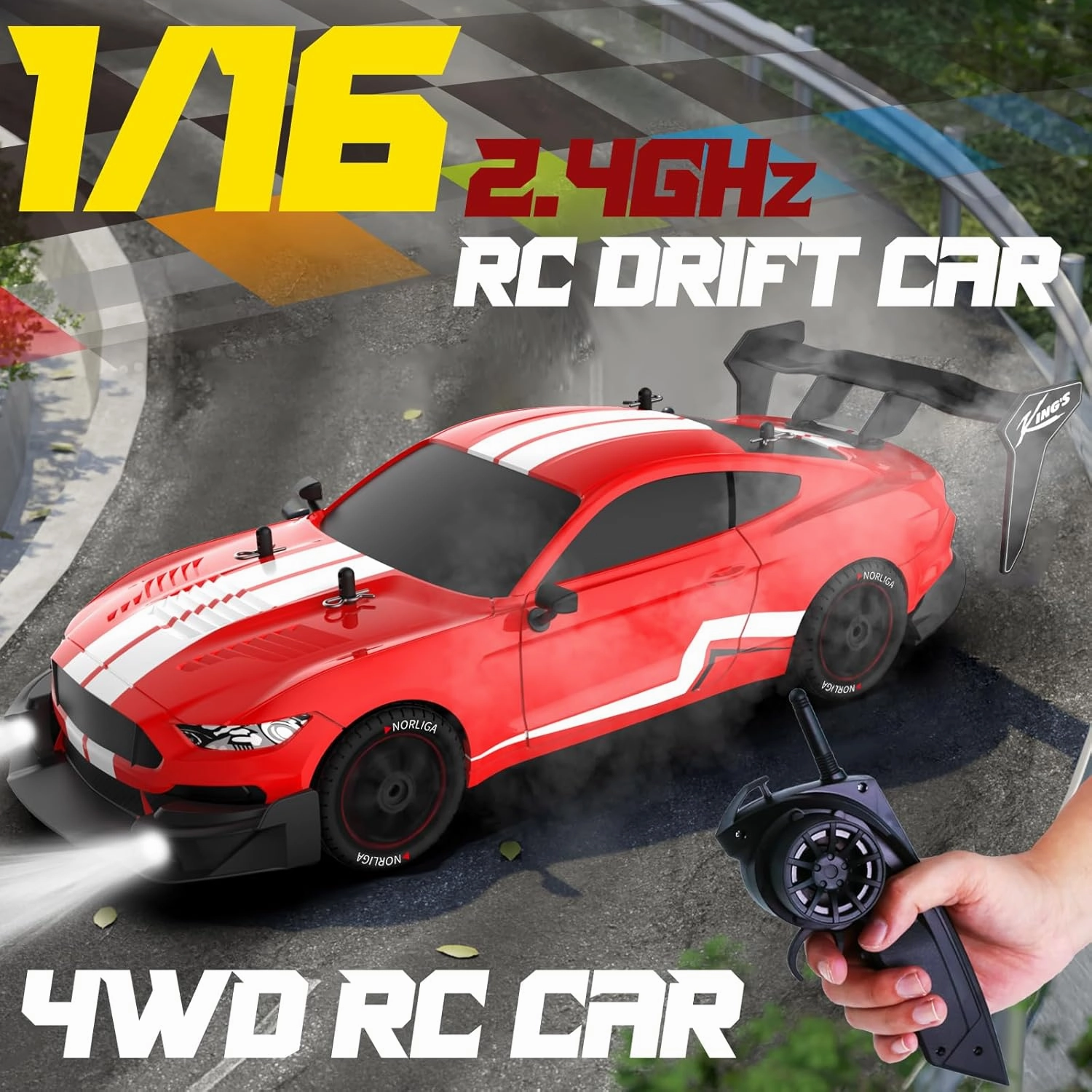 Remote Control Car RC Drift Car 1:16 Scale 4WD RC Vehicle with LED Lights 2.4GHz 30km/h RTR High Speed Racing Sport Toy for Adults Boys Girls Kids Gift 2Pcs Rechargeable Battery