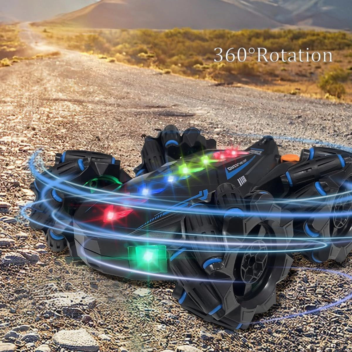 Remote Control Car Toys for Kids, 2.4GHz Indoor/Outdoor All Terrain Electric 4WD Gesture Sensing RC Car with Cool Light and Music, Double-Sided 360° Flips RC Cars Birthday Gifts Toy Blue
