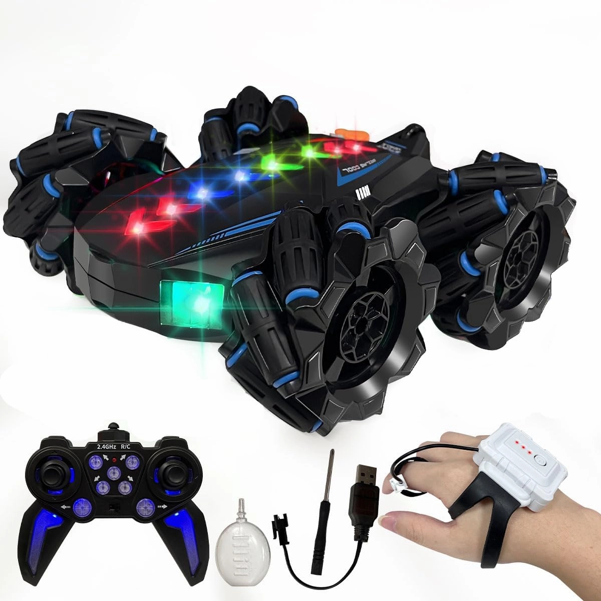 Remote Control Car Toys for Kids, 2.4GHz Indoor/Outdoor All Terrain Electric 4WD Gesture Sensing RC Car with Cool Light and Music, Double-Sided 360° Flips RC Cars Birthday Gifts Toy Blue