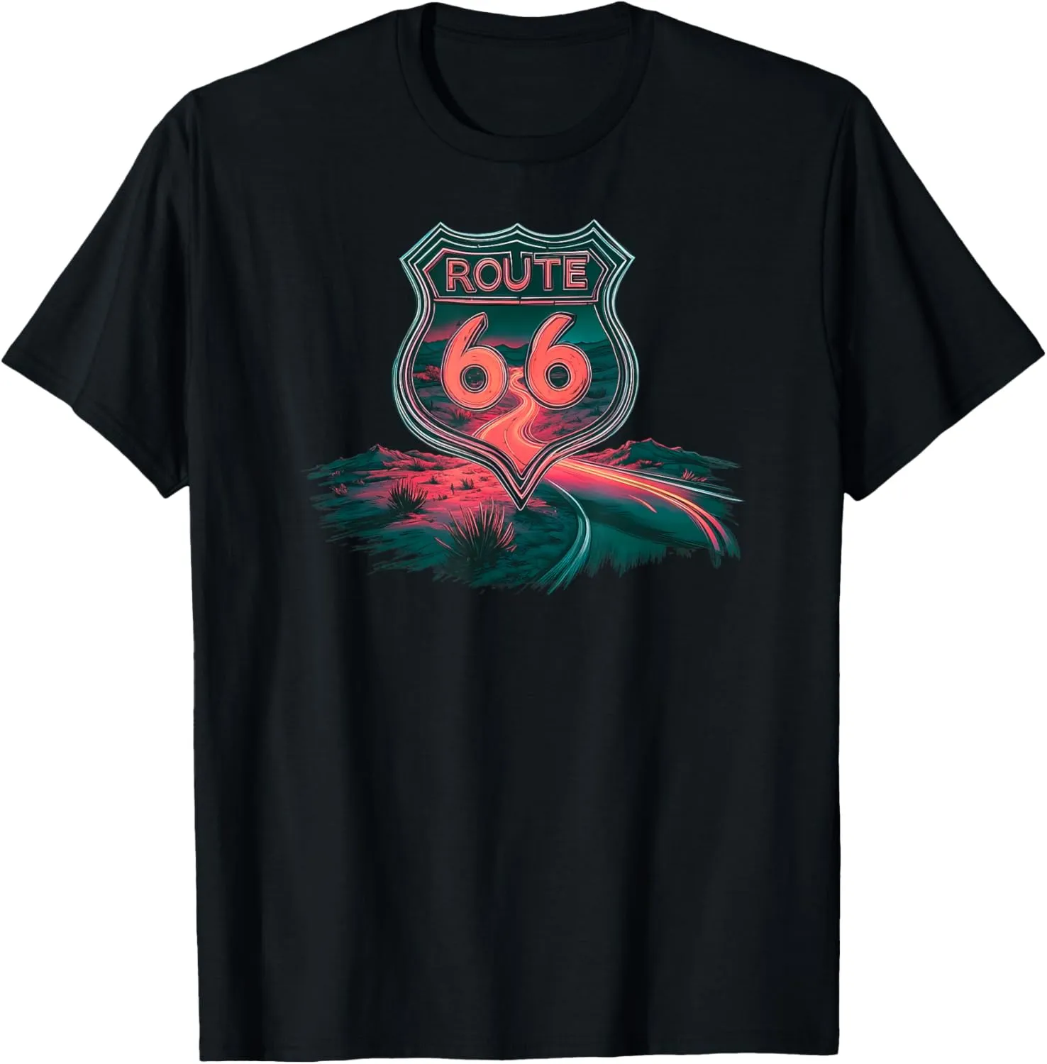 Retro Route 66 Neon Road Trip Vintage Adventure T-Shirt