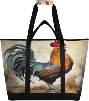 Retro Style Farmhouse Rooster Reusable Insulated Lunchbox Cooler Bag, Leakproof Kitchen Grocery Bag Collapsible Portable Cooler Tote Bag for Picnic, Camping, Office, Travel