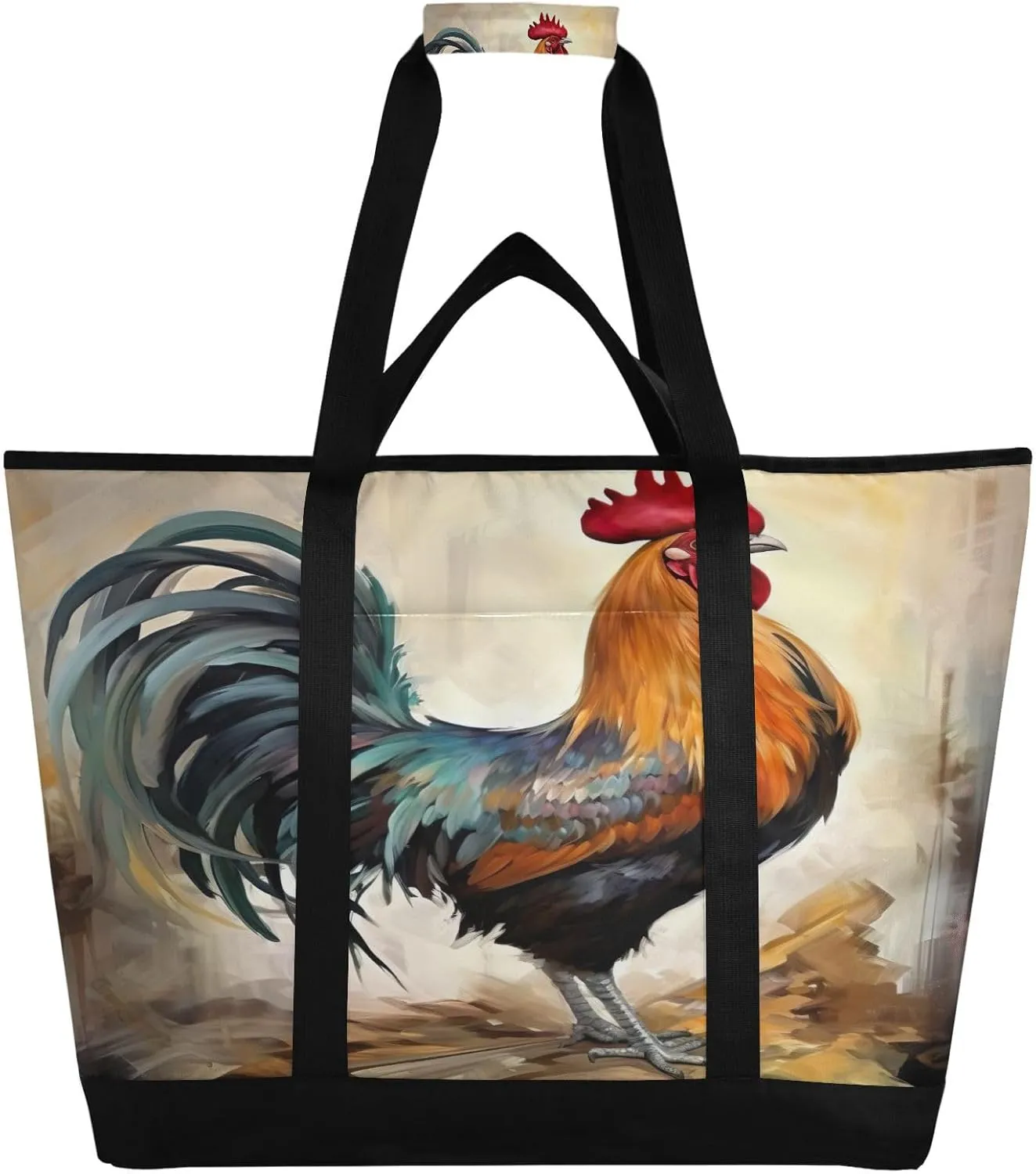 Retro Style Farmhouse Rooster Reusable Insulated Lunchbox Cooler Bag, Leakproof Kitchen Grocery Bag Collapsible Portable Cooler Tote Bag for Picnic, Camping, Office, Travel