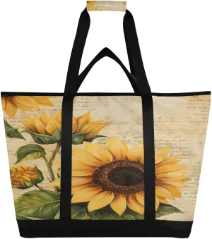 Retro Sunflower Reusable Insulated Lunchbox Cooler Bag, Leakproof Kitchen Grocery Bag Collapsible Portable Cooler Tote Bag for Picnic, Camping, Office, Travel