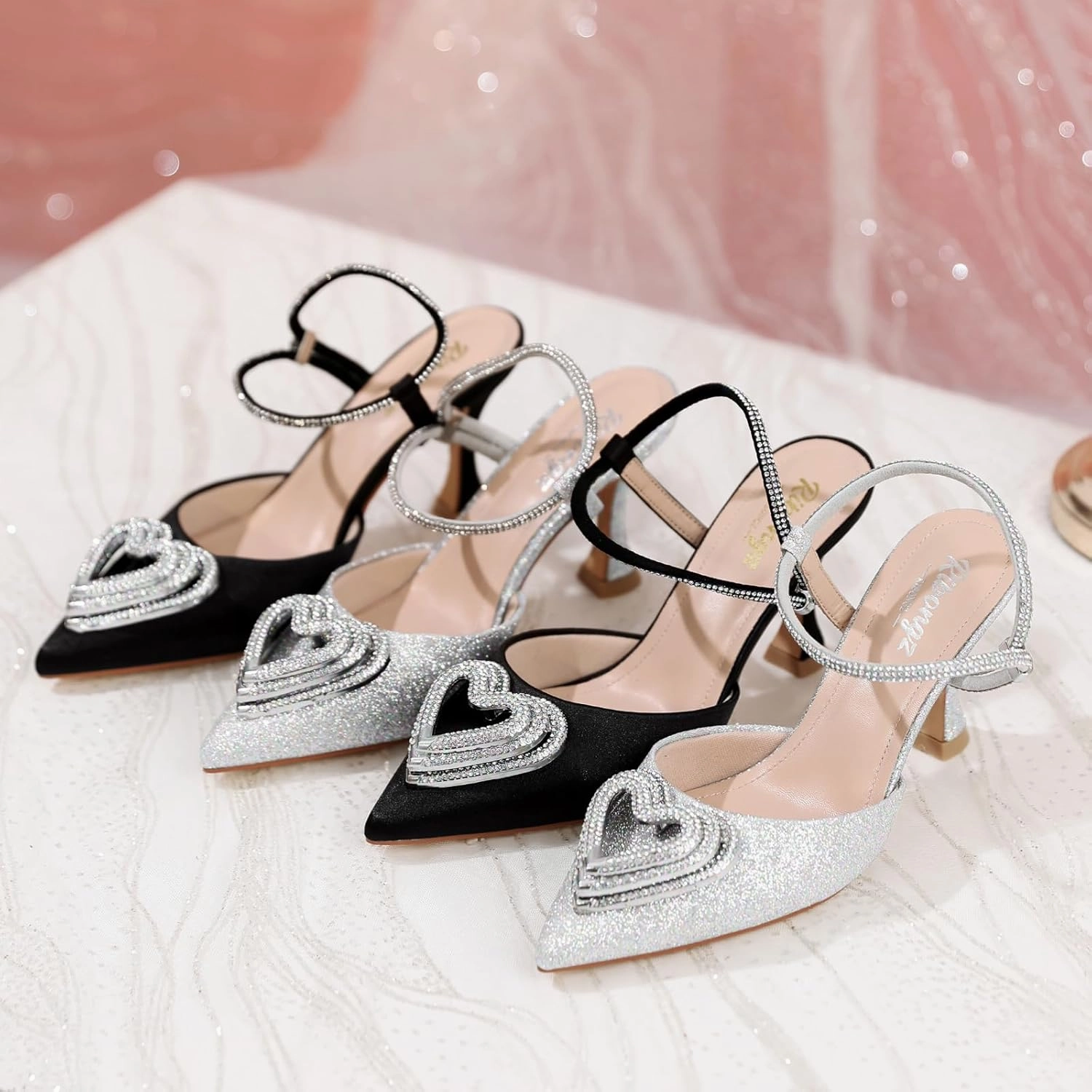 RIBONGZ Women's Wedding Shoes Glitter Sparkly Pointed Toe Strappy High Heels Sexy Ankle Strap Pumps Bridal Party Work Dress Shoes