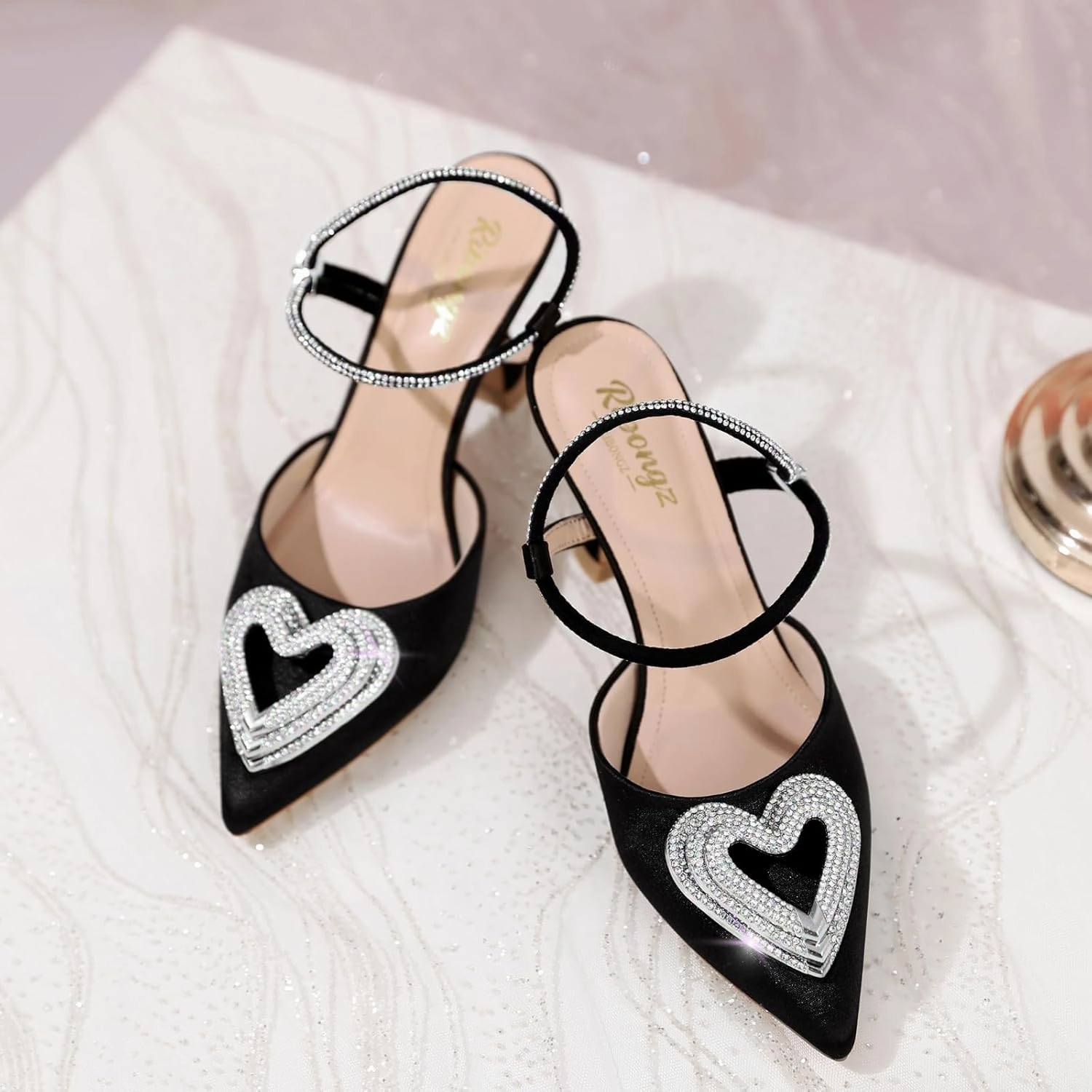 RIBONGZ Women's Wedding Shoes Glitter Sparkly Pointed Toe Strappy High Heels Sexy Ankle Strap Pumps Bridal Party Work Dress Shoes
