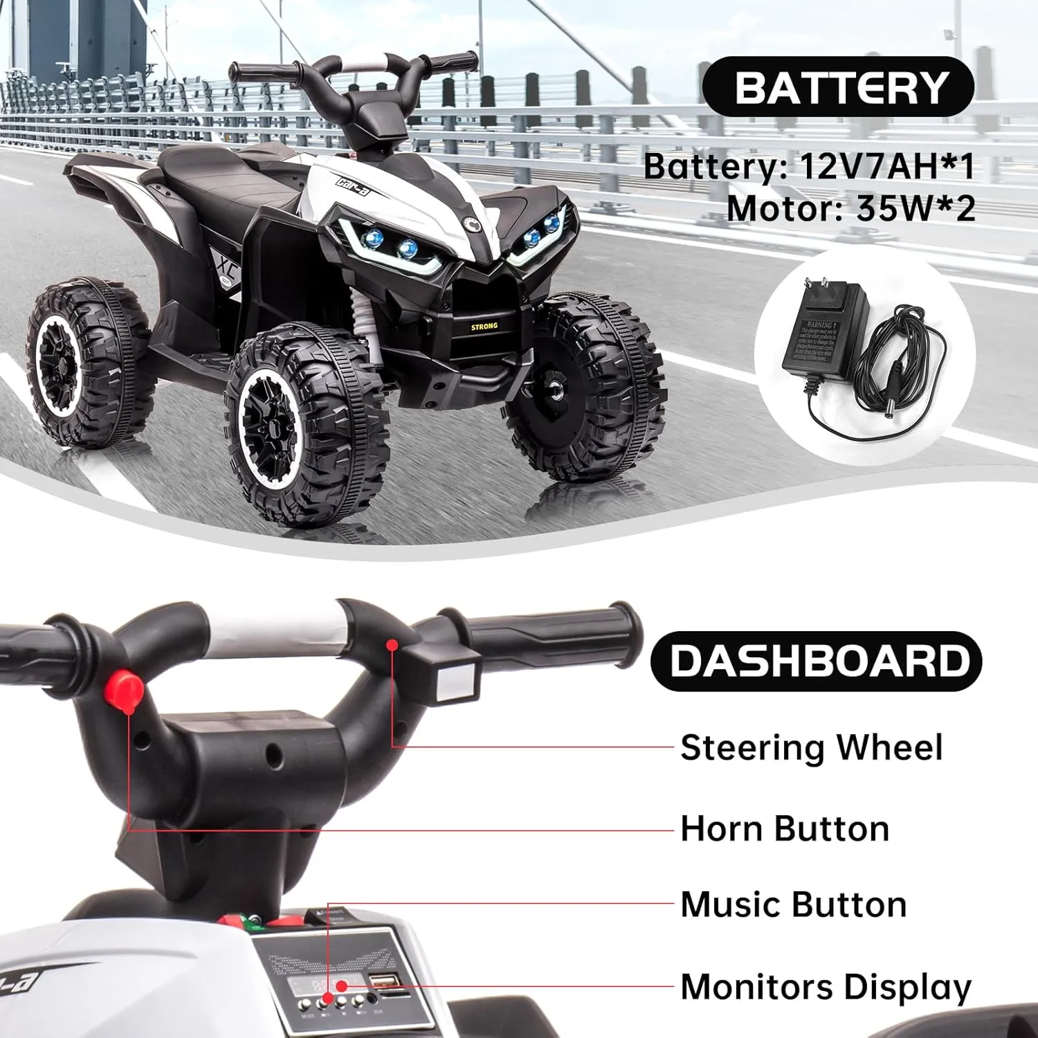 Ride On Car, 12V Battery Powered Ride On Toys Remote Control, Kids Electric Car Truck 4-Wheels Electric Vehicle, Shock Absorbers, Music Player, Electric Car for Kids Ages 3 , White, Large