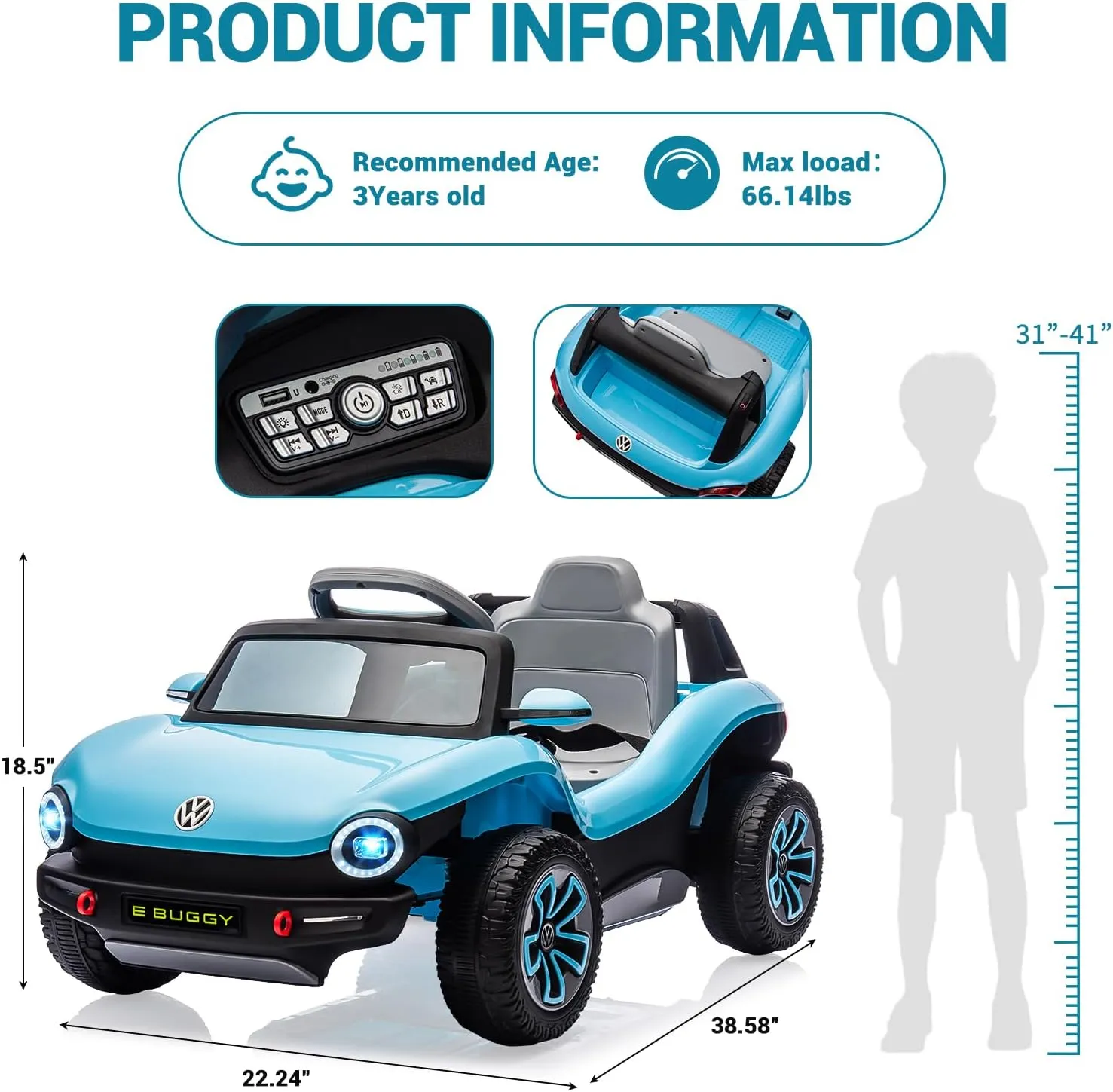 Ride On Car, Licensed Volkswagen Beetle Electric Toy Car for Kids,Toddler Electric Vehicle with Parental Remote,Lights, USB, Horn, Music, 4 Wheeler for Boy Girl Gift(Blue)