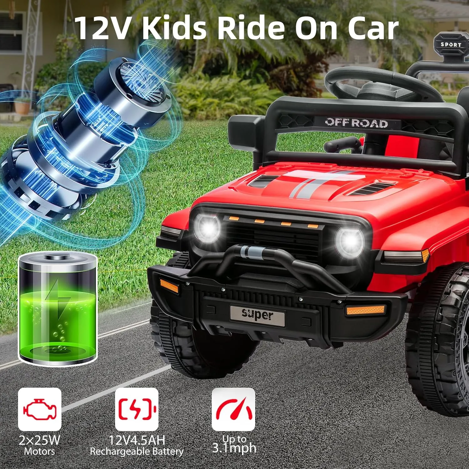 Ride On Truck for Kids, 12V Battery Powered Toy Car with Remote Control, Spring Suspension, LED Headlight and Music, Dual 25W Toddler Electric Vehicles for Girls Boys 3-5, Red