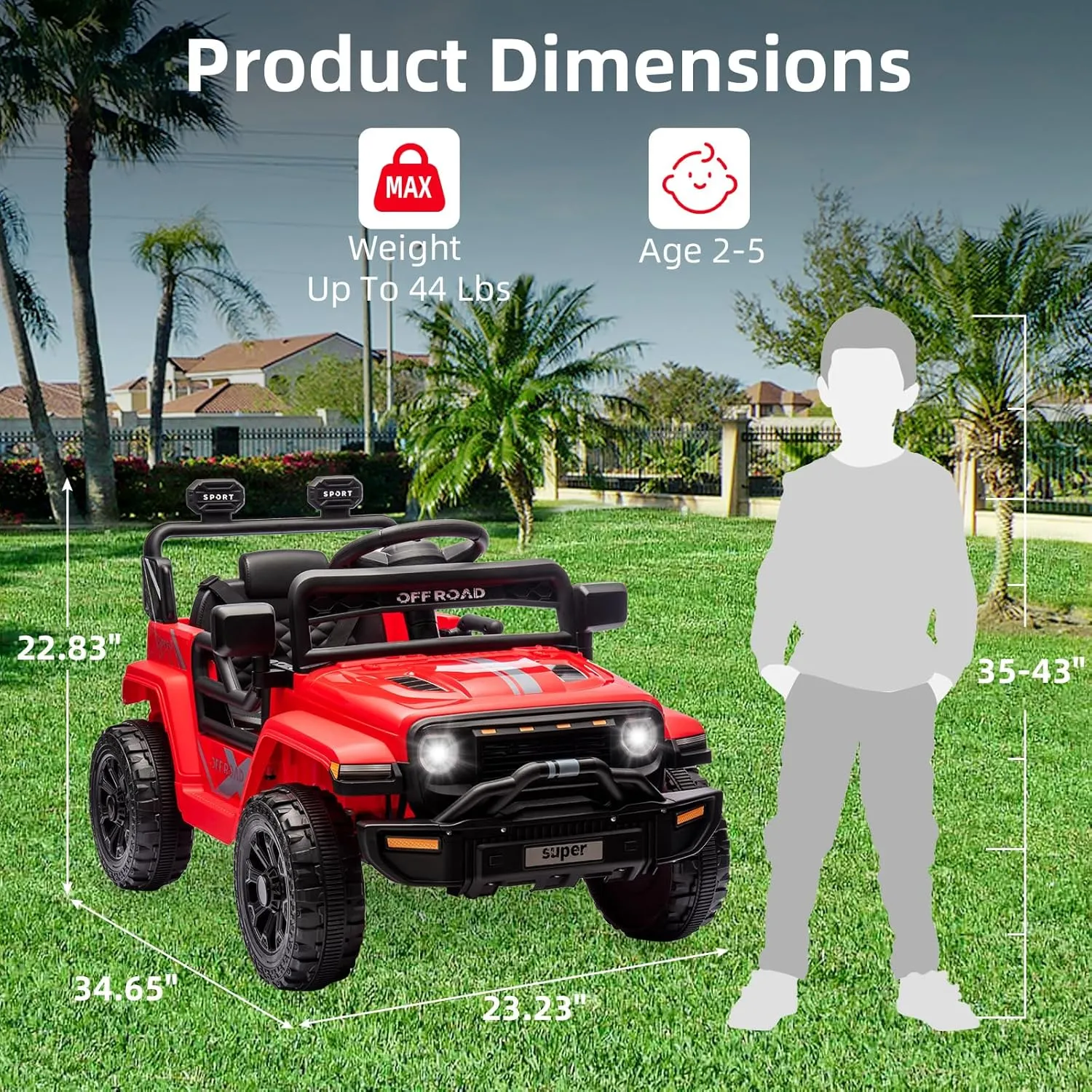 Ride On Truck for Kids, 12V Battery Powered Toy Car with Remote Control, Spring Suspension, LED Headlight and Music, Dual 25W Toddler Electric Vehicles for Girls Boys 3-5, Red