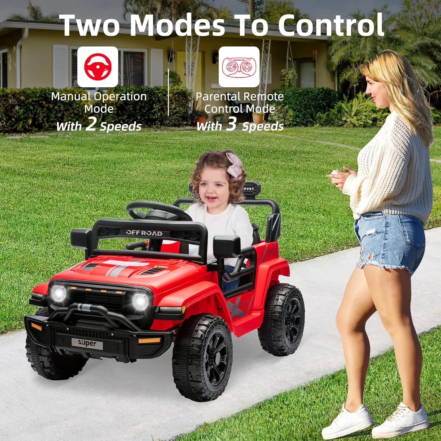 Ride On Truck for Kids, 12V Battery Powered Toy Car with Remote Control, Spring Suspension, LED Headlight and Music, Dual 25W Toddler Electric Vehicles for Girls Boys 3-5, Red