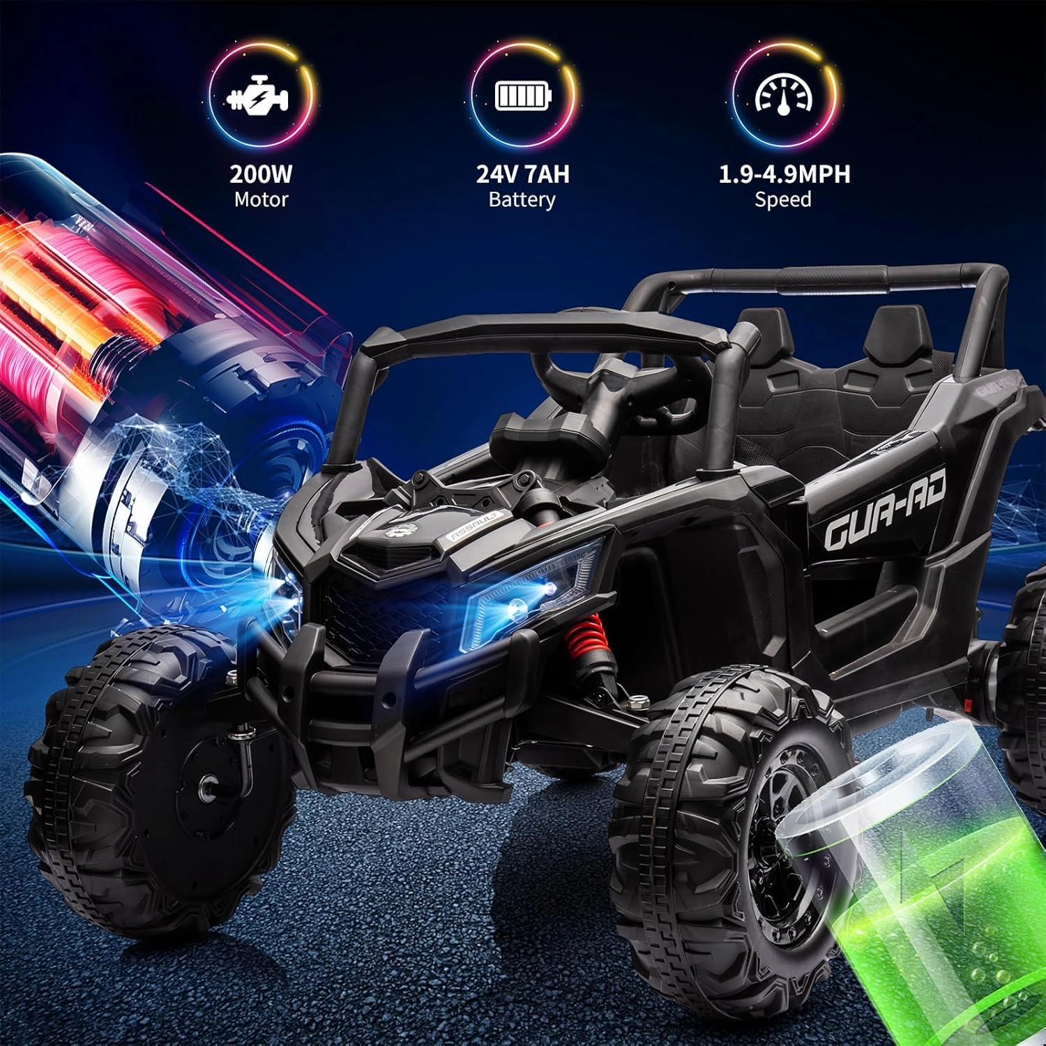 Ride on UTV Car, 24V Battery Powerd Electric Off-Road UTV Car w/Remote Control, 200W Motor, Spring Suspension, Music, LED Lights, Ride on Car for Boys Girls,Black