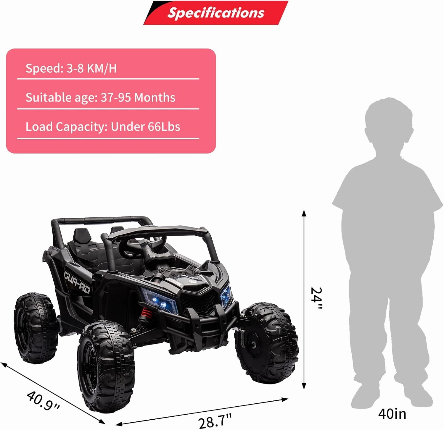 Ride on UTV Car, 24V Battery Powerd Electric Off-Road UTV Car w/Remote Control, 200W Motor, Spring Suspension, Music, LED Lights, Ride on Car for Boys Girls,Black