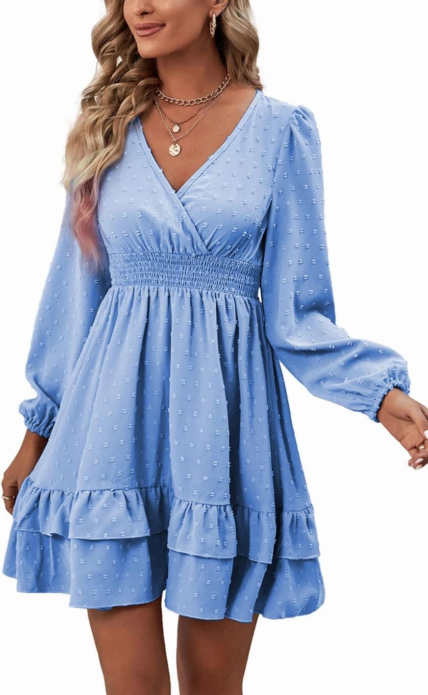 Rooscier Women's Wrap V Neck Swing Ruffle Swiss Dots Long Sleeve Mini Dress