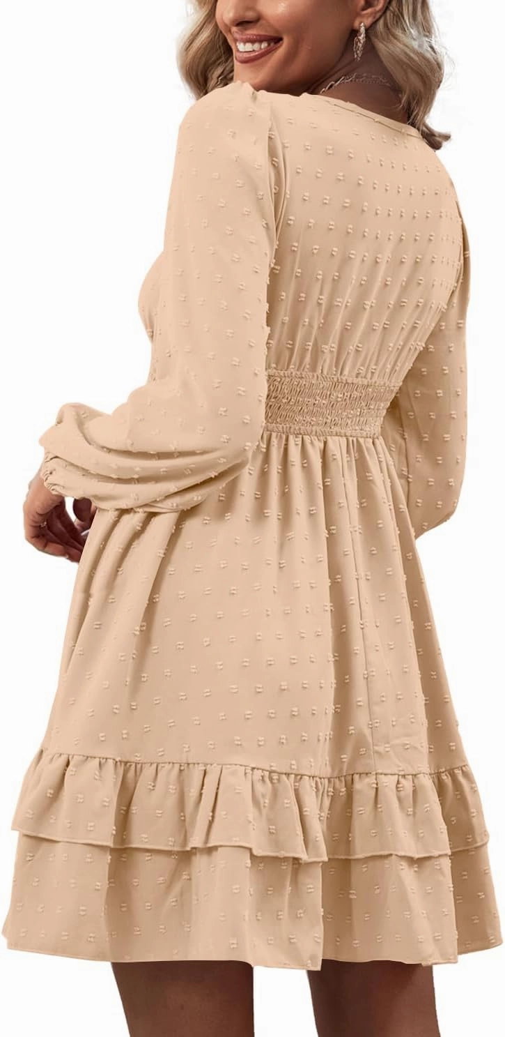 Rooscier Women's Wrap V Neck Swing Ruffle Swiss Dots Long Sleeve Mini Dress