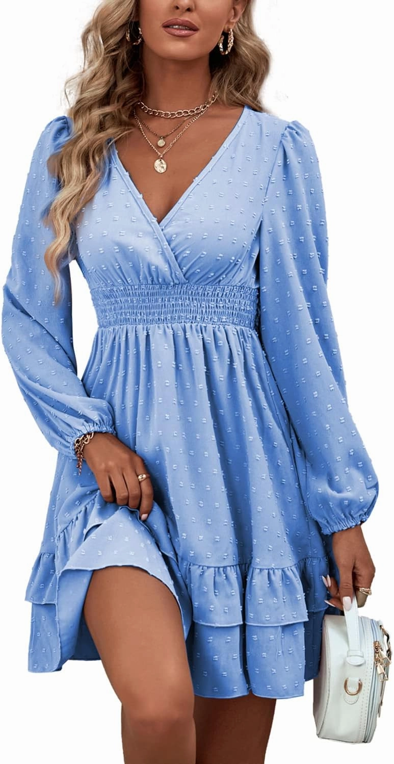 Rooscier Women's Wrap V Neck Swing Ruffle Swiss Dots Long Sleeve Mini Dress