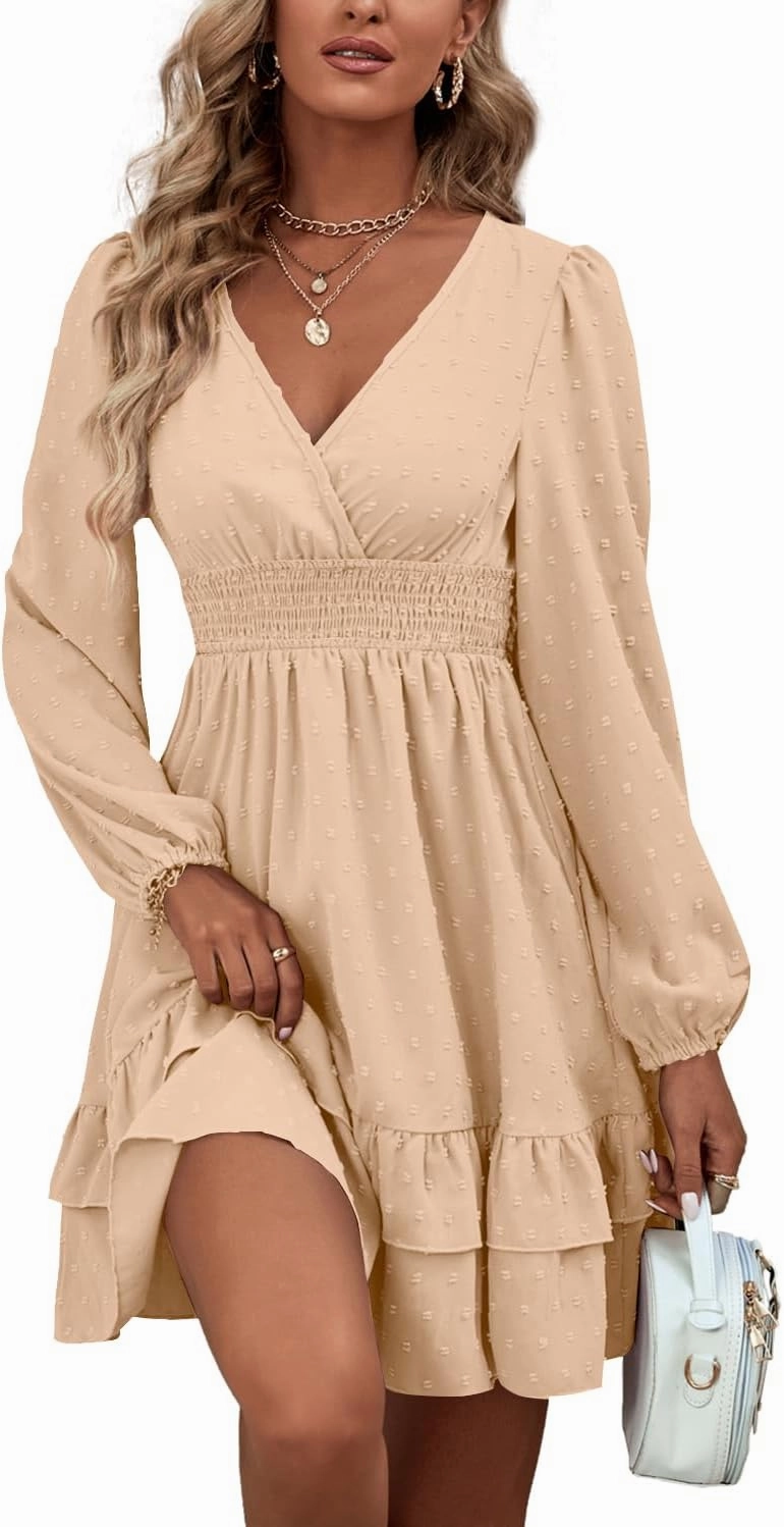 Rooscier Women's Wrap V Neck Swing Ruffle Swiss Dots Long Sleeve Mini Dress