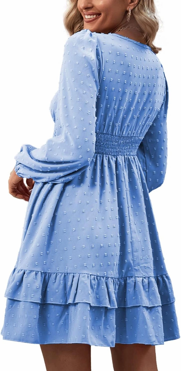 Rooscier Women's Wrap V Neck Swing Ruffle Swiss Dots Long Sleeve Mini Dress