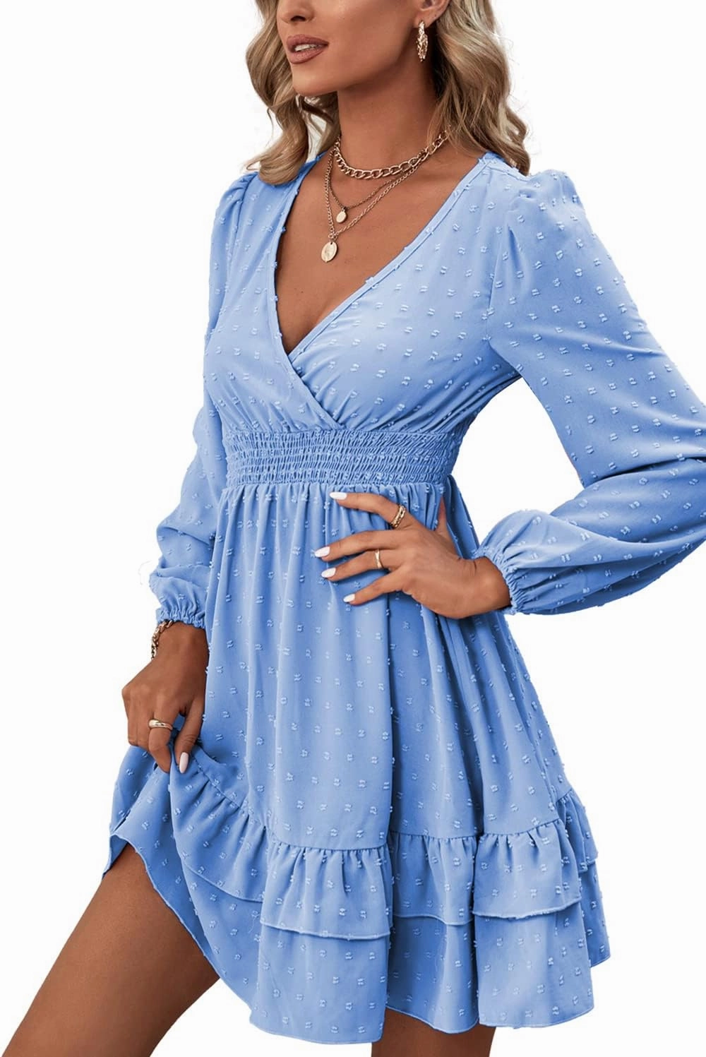 Rooscier Women's Wrap V Neck Swing Ruffle Swiss Dots Long Sleeve Mini Dress