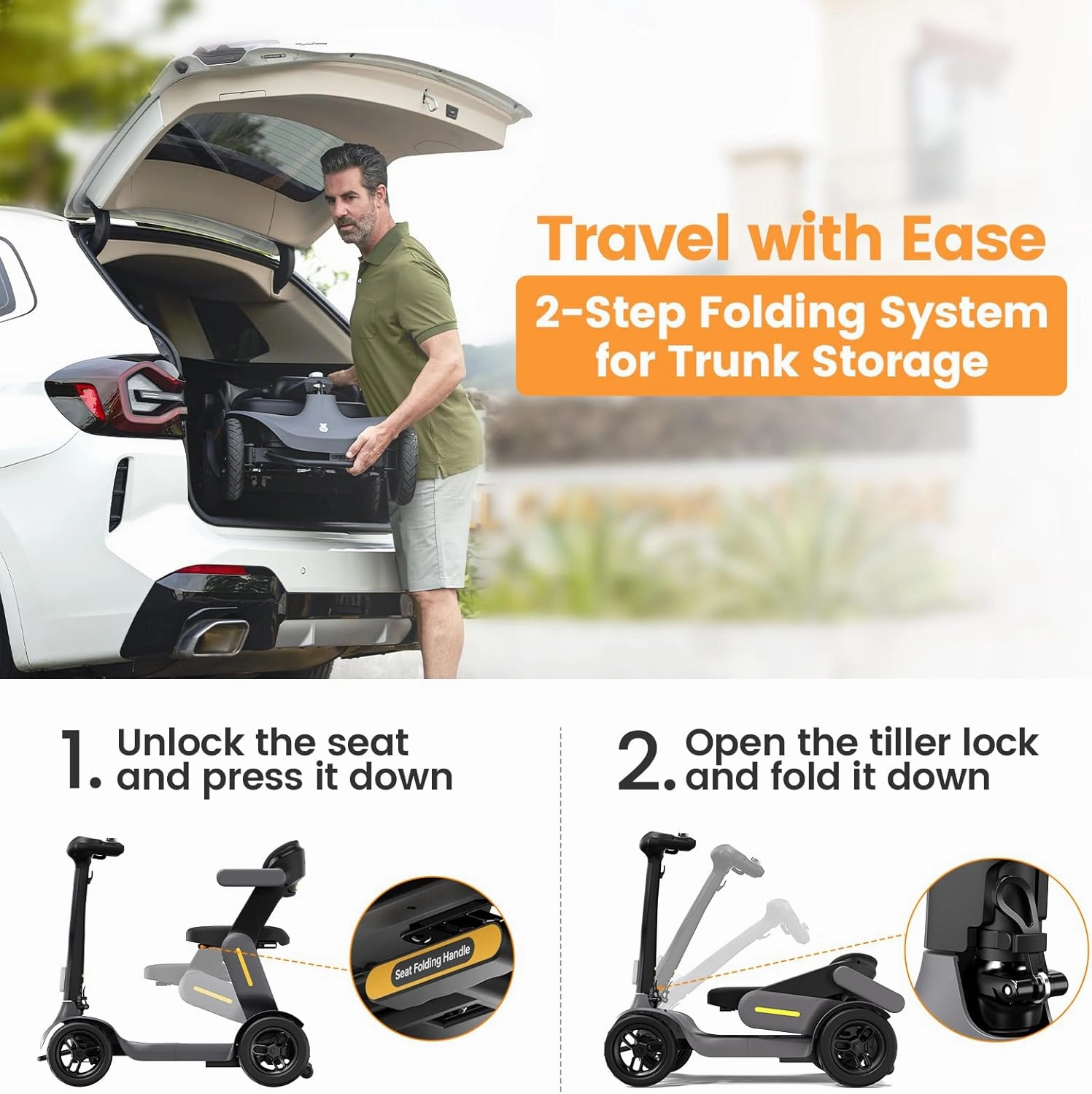 S3 Foldable Mobility Scooter for Adults, Seniors - 25 Miles Range, 6 mph, Lightweight Mobility Scooter for Travel, Improved Safety, Large Wheels for Outdoor, LED Headlight, Basket
