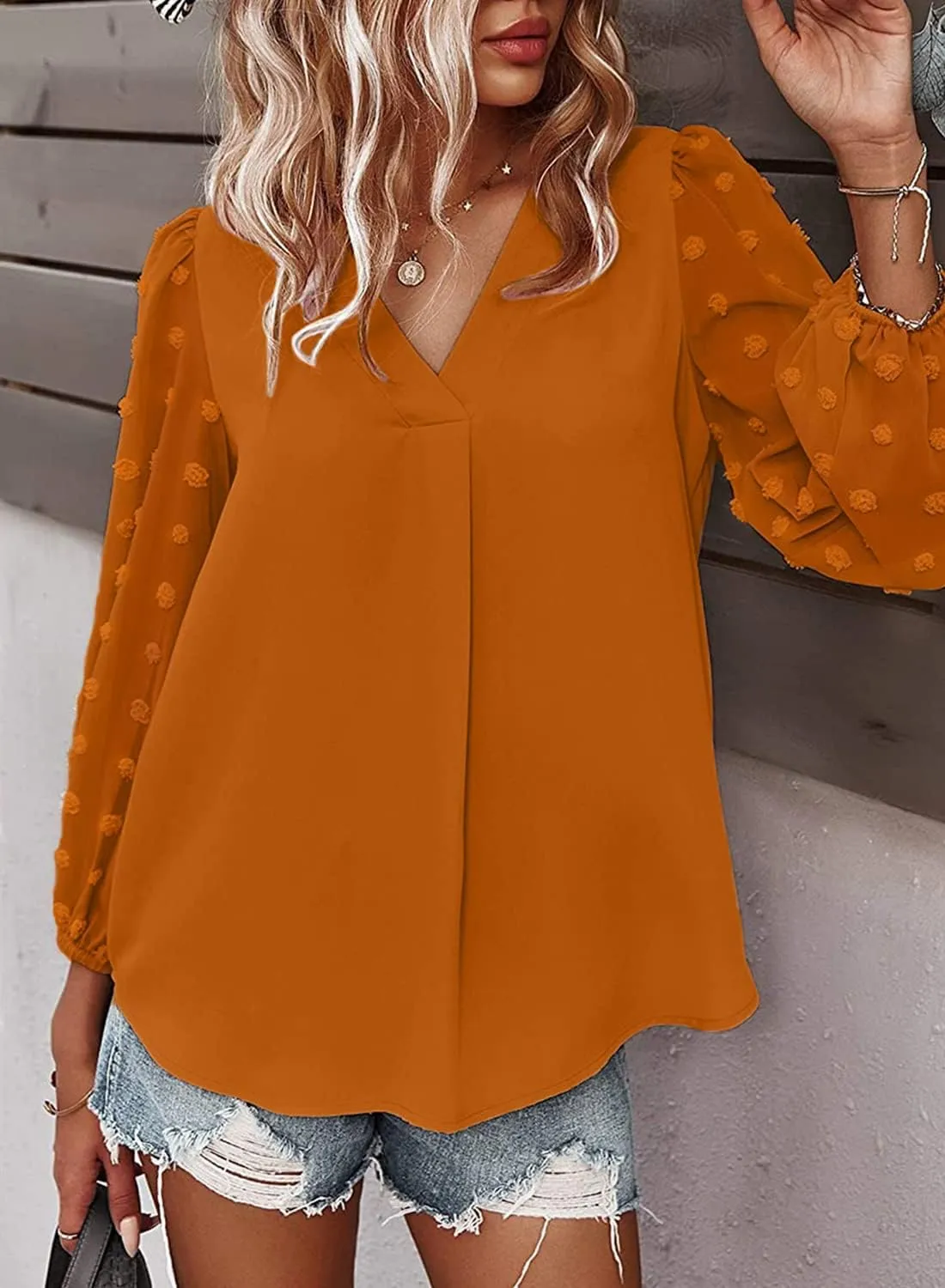 Samefar Women's Long Sleeve Pom Pom Top V Neck Pleated Shirts Casual Loose Chiffon Blouse