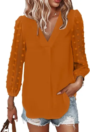 Samefar Women's Long Sleeve Pom Pom Top V Neck Pleated Shirts Casual Loose Chiffon Blouse