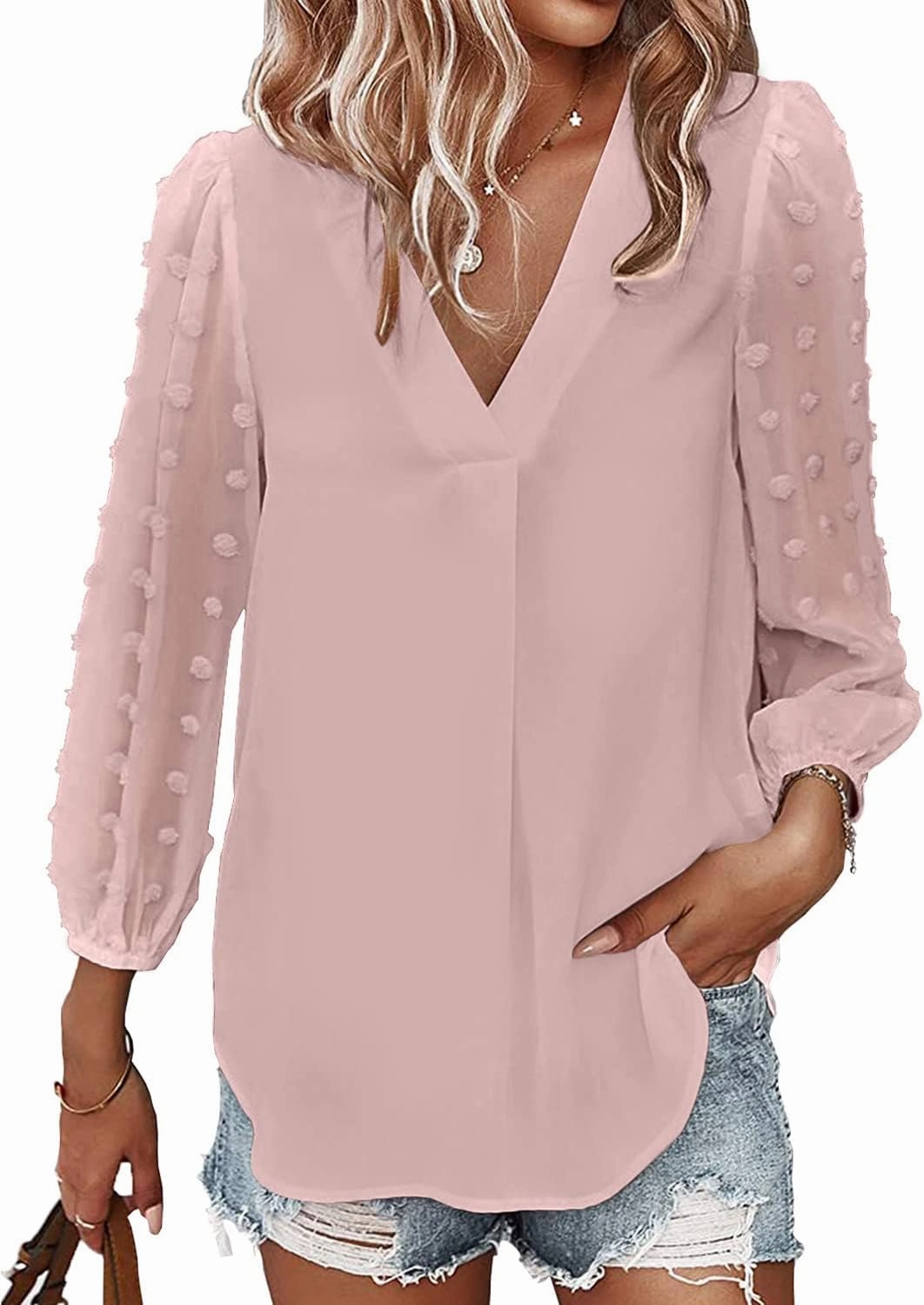 Samefar Women's Long Sleeve Pom Pom Top V Neck Pleated Shirts Casual Loose Chiffon Blouse