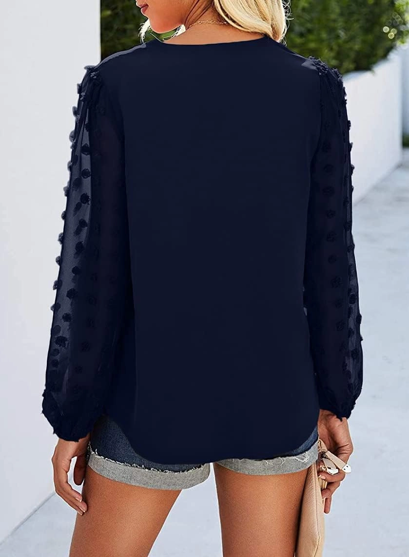 Samefar Women's Long Sleeve Pom Pom Top V Neck Pleated Shirts Casual Loose Chiffon Blouse