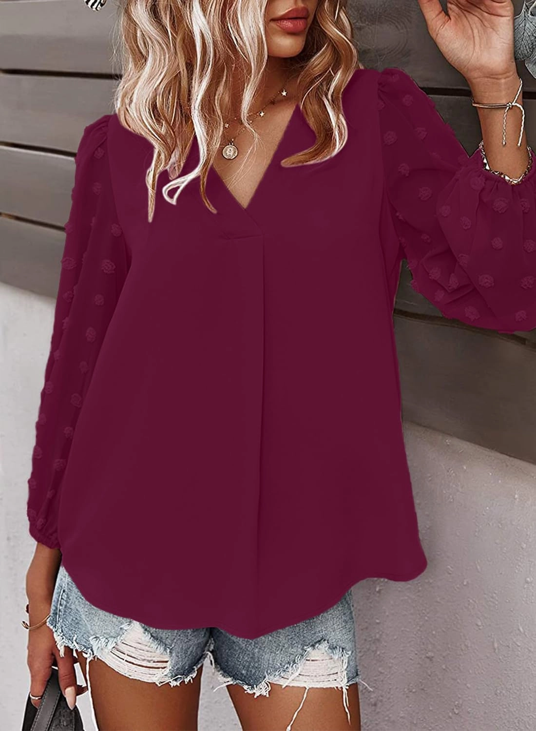 Samefar Women's Long Sleeve Pom Pom Top V Neck Pleated Shirts Casual Loose Chiffon Blouse