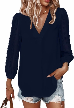 Samefar Women's Long Sleeve Pom Pom Top V Neck Pleated Shirts Casual Loose Chiffon Blouse