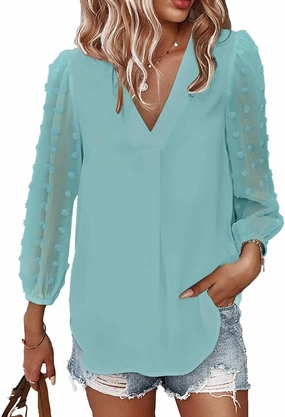 Samefar Women's Long Sleeve Pom Pom Top V Neck Pleated Shirts Casual Loose Chiffon Blouse