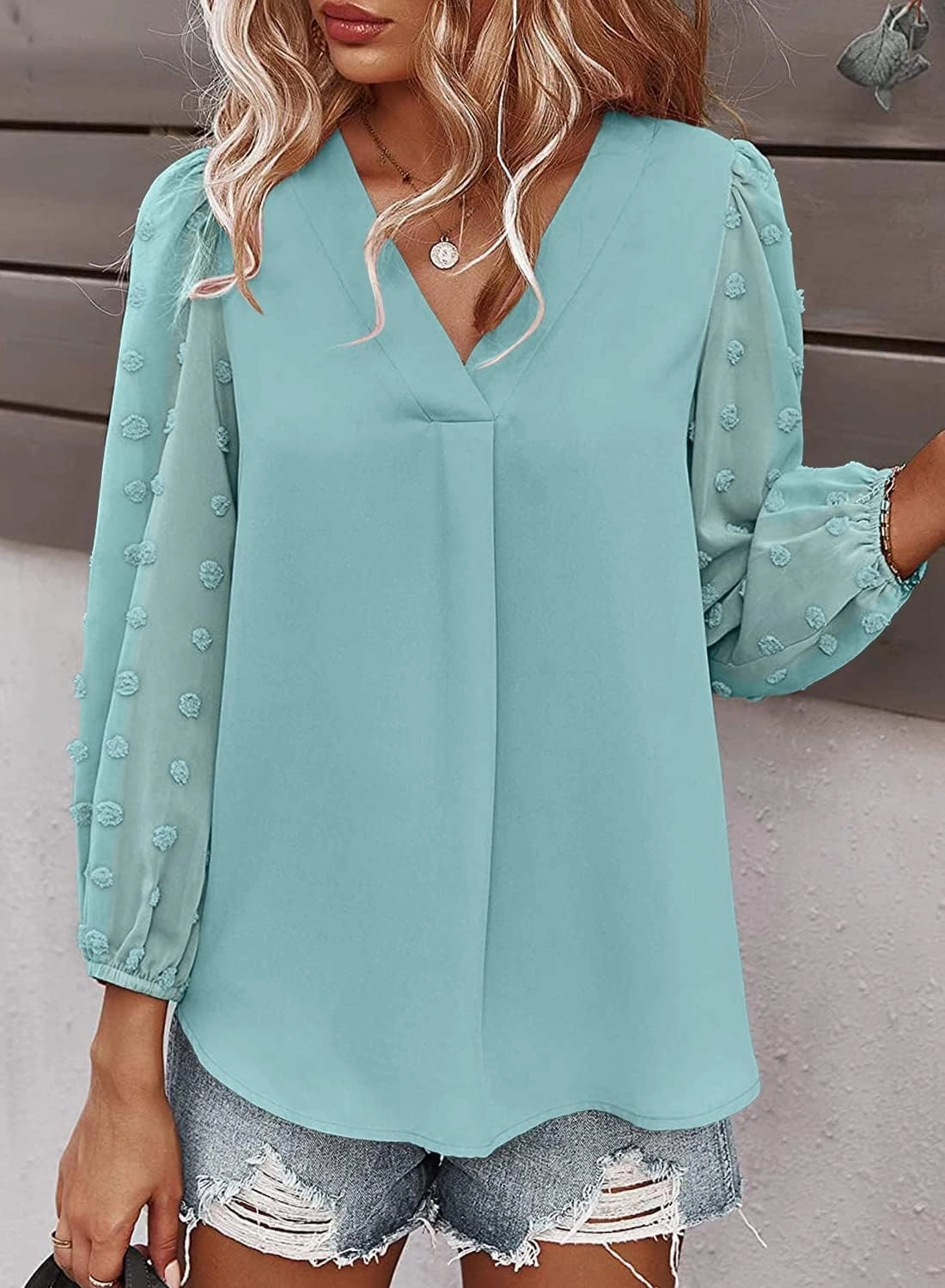Samefar Women's Long Sleeve Pom Pom Top V Neck Pleated Shirts Casual Loose Chiffon Blouse