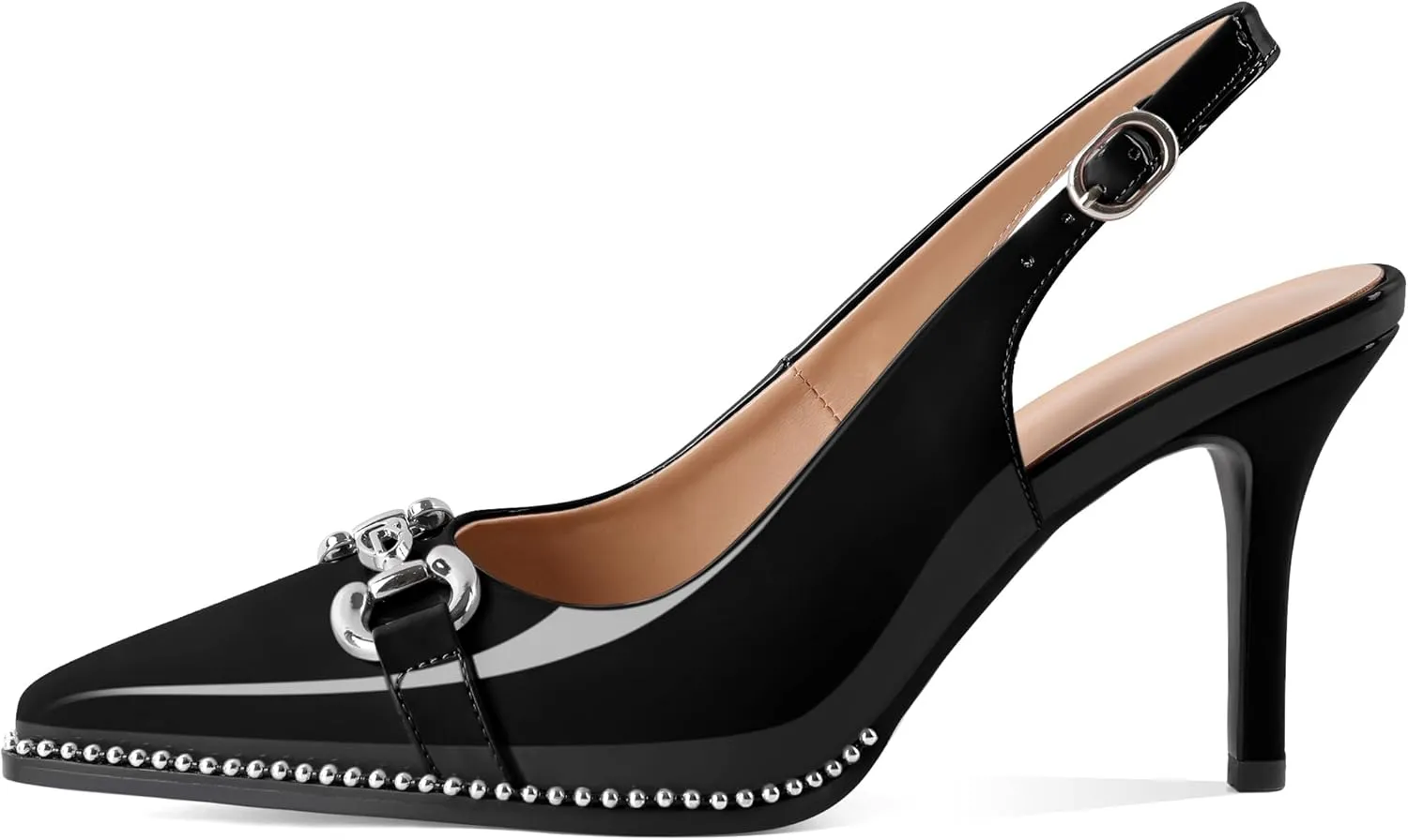 SAMMITOP Women Slingback High Heel Pumps Closed Pointed Toe Beaded Buckle Strap Slip On Stilettos 3.5 Inch Dress Pumps Shoes