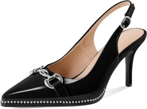 SAMMITOP Women Slingback High Heel Pumps Closed Pointed Toe Beaded Buckle Strap Slip On Stilettos 3.5 Inch Dress Pumps Shoes