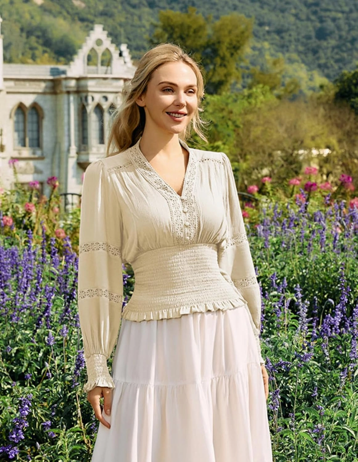 Scarlet Darkness Women's Renaissance Peasant Blouse V Neck Lantern Sleeve Lace Smocked Tops