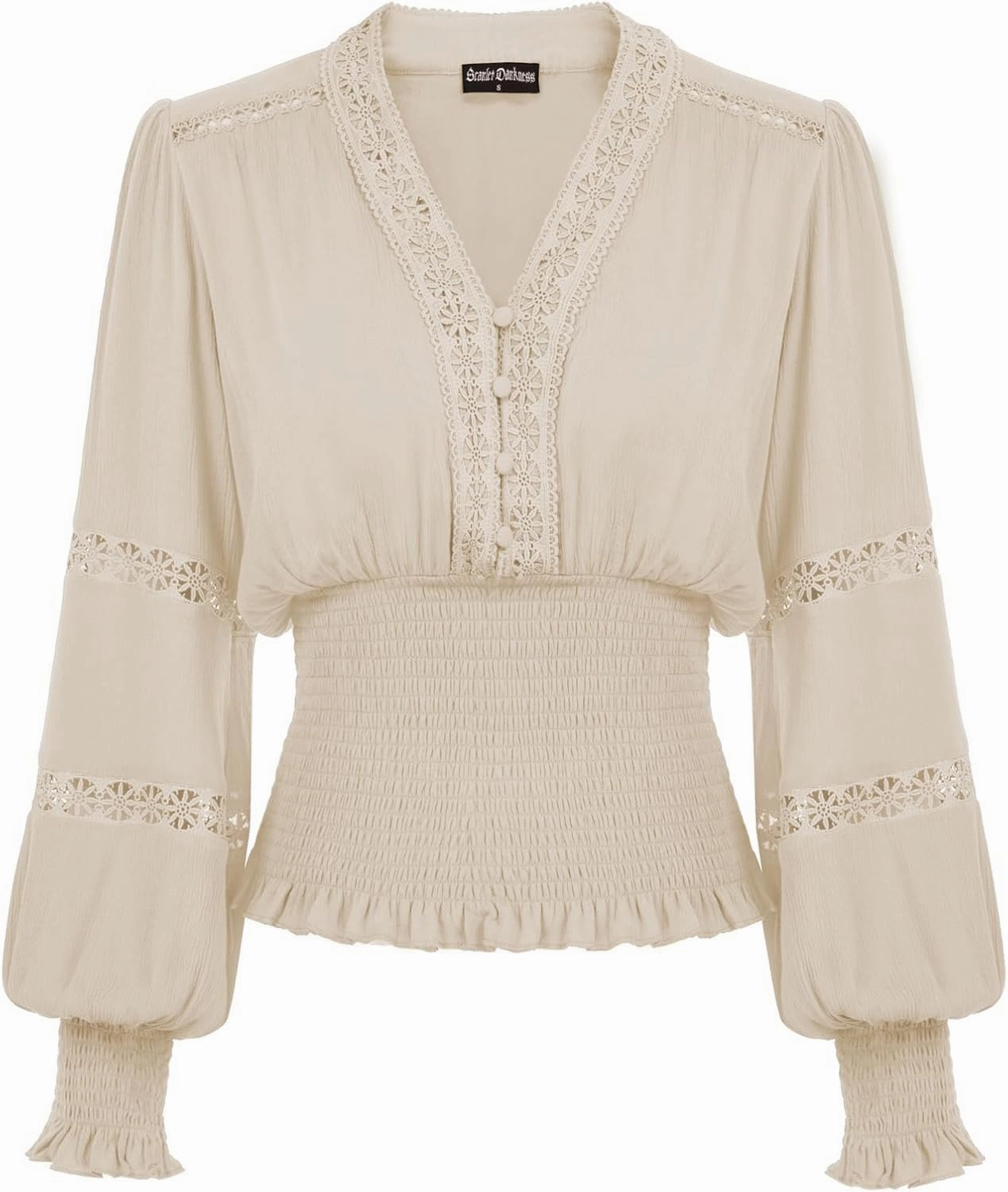 Scarlet Darkness Women's Renaissance Peasant Blouse V Neck Lantern Sleeve Lace Smocked Tops