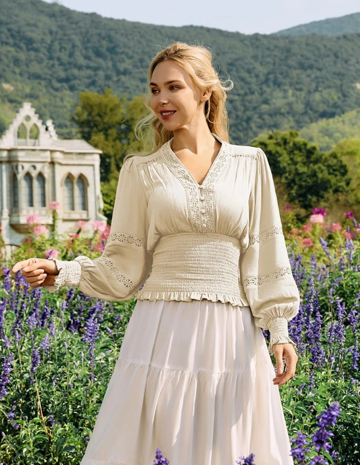 Scarlet Darkness Women's Renaissance Peasant Blouse V Neck Lantern Sleeve Lace Smocked Tops