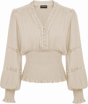 Scarlet Darkness Women's Renaissance Peasant Blouse V Neck Lantern Sleeve Lace Smocked Tops