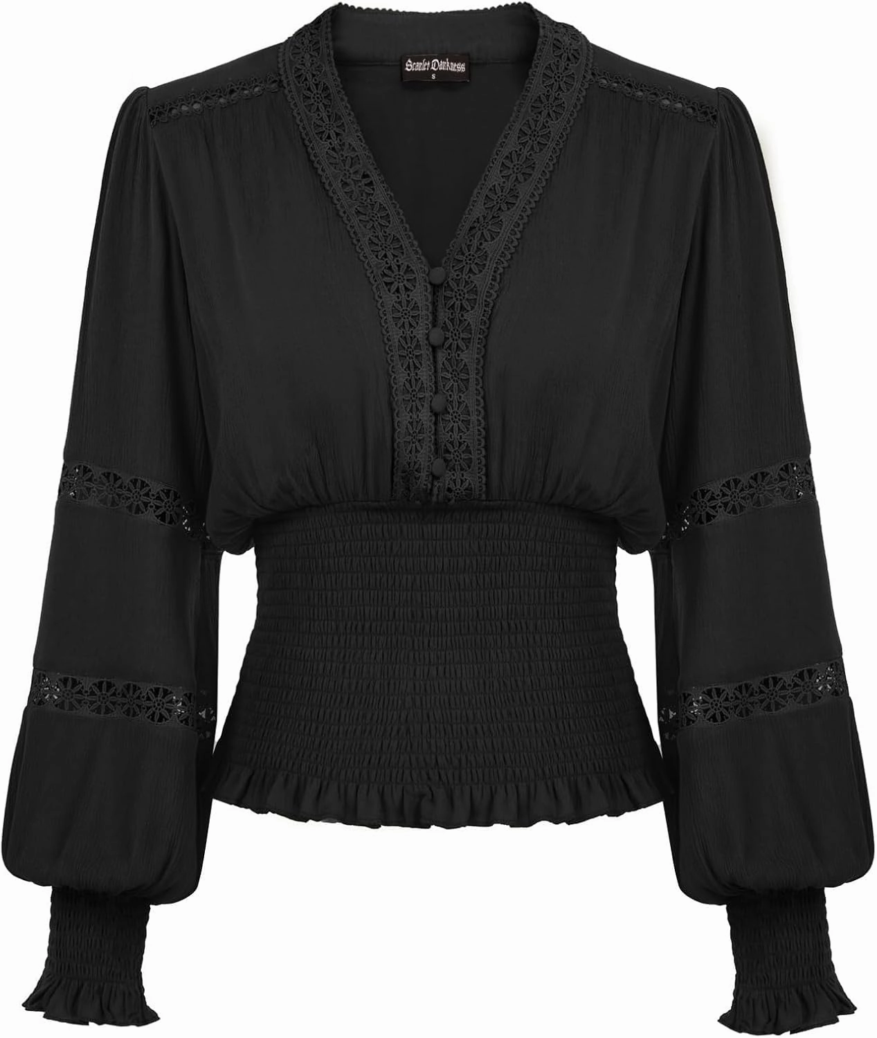 Scarlet Darkness Women's Renaissance Peasant Blouse V Neck Lantern Sleeve Lace Smocked Tops