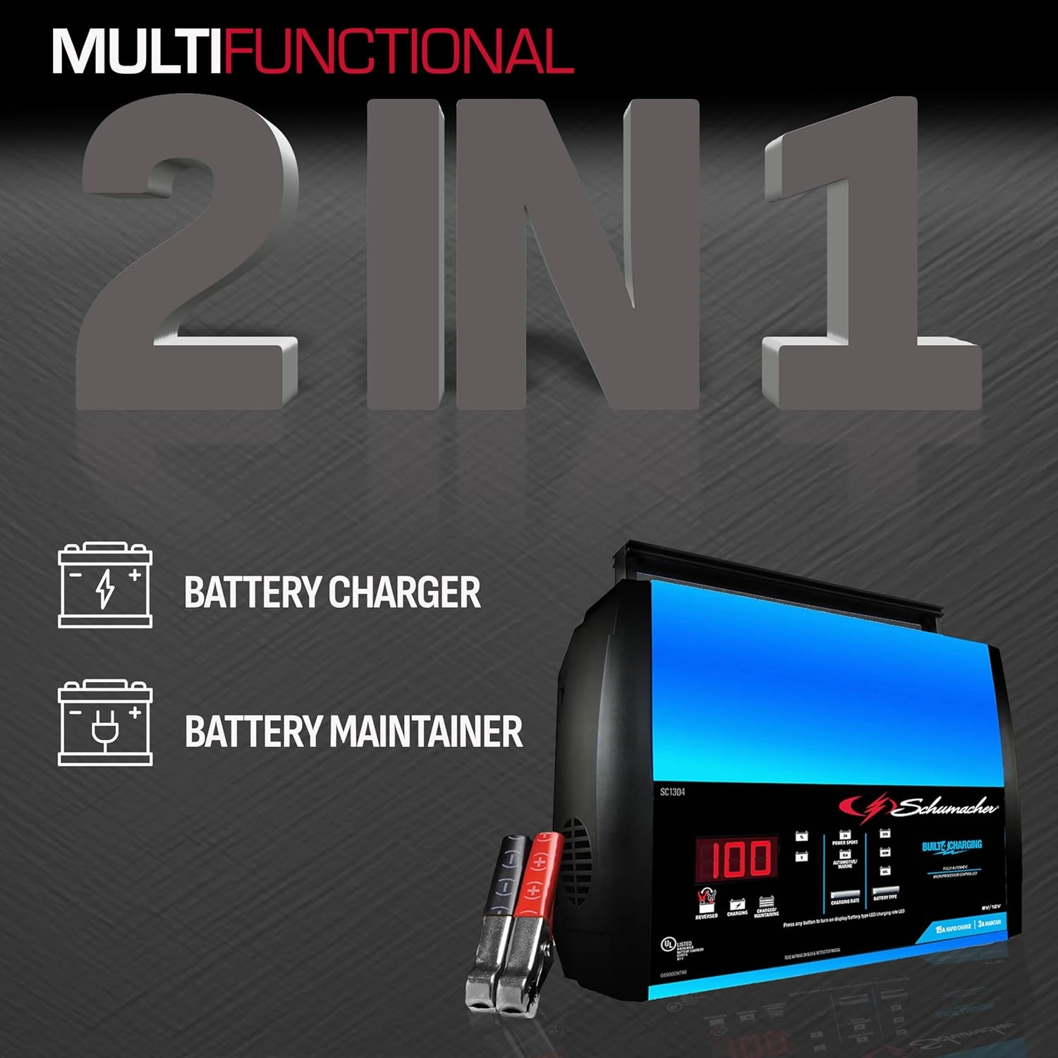Schumacher Electric 2-in-1 Rapid Battery Charger and Maintainer, SC1304 - Fully Automatic, 15 Amps, 12 Volt and 6 Volt, for Motorcycle, Power Sport, Marine, Car, and Truck Batteries