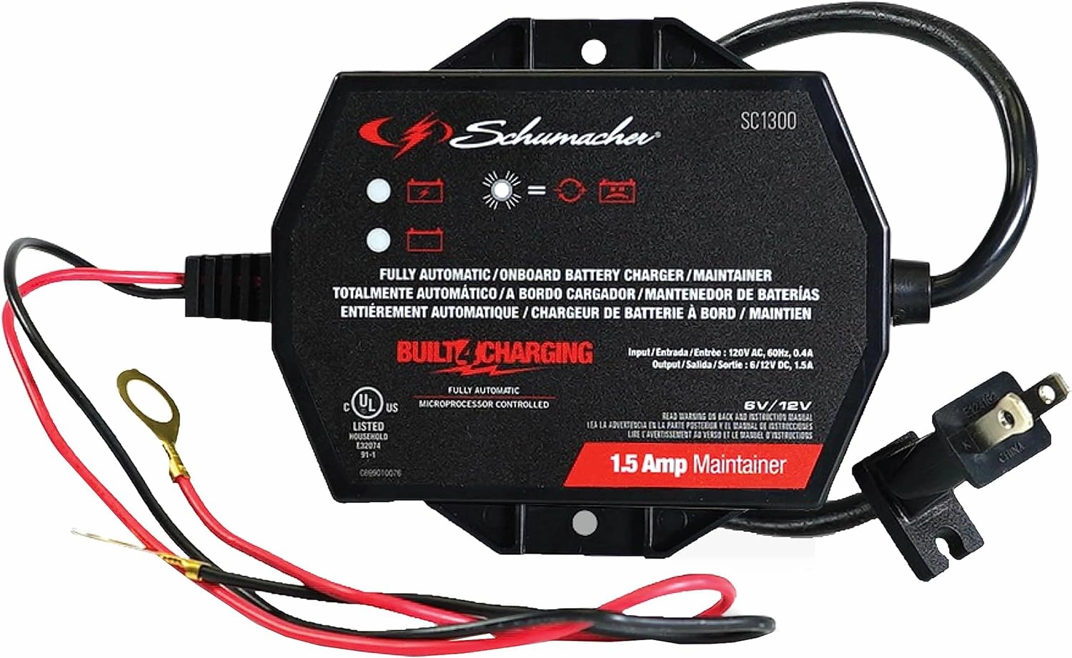Schumacher Electric Battery Charger and Maintainer, SC1300, 3-in-1, Fully Automatic, 1.5 Amps, 6 Volt, 12 Volt, for Motorcycle, Power Sport, Car, Truck, and Marine Batteries