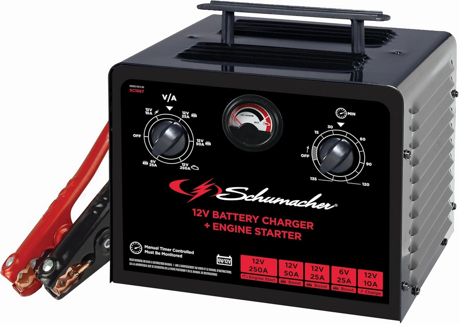 Schumacher Electric SC1667 Car Battery Charger Jump Starter - Manual Timer-Controlled Battery Jumper & Charger for Cars, Trucks & SUVs - Battery Booster with Overload Protection - for Home Mechanics