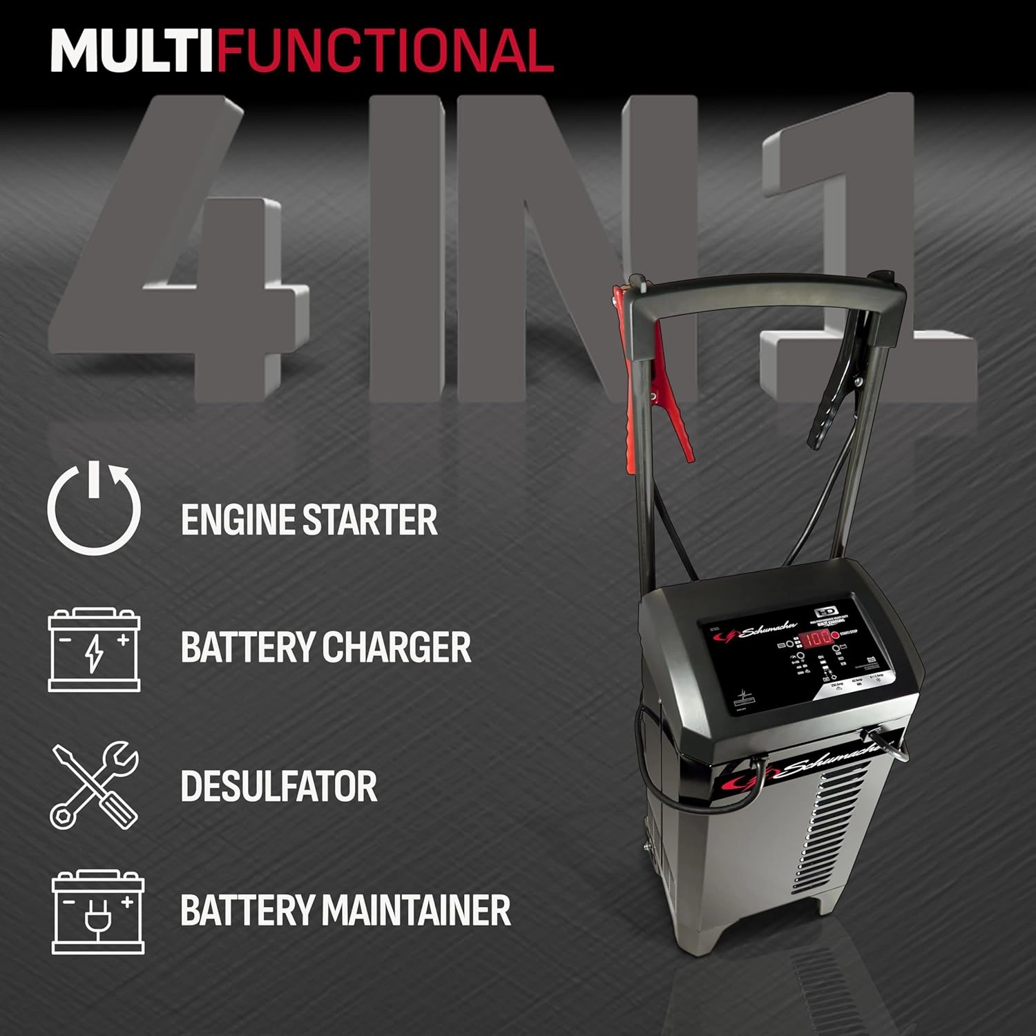 Schumacher Electric Wheeled Battery Charger and Engine Starter, SC1325, 4-in-1, Fully Automatic, 250 Amps, 40 Amp Boost Mode, 6 Volt, 12 Volt, for Car, Truck, and Marine Batteries