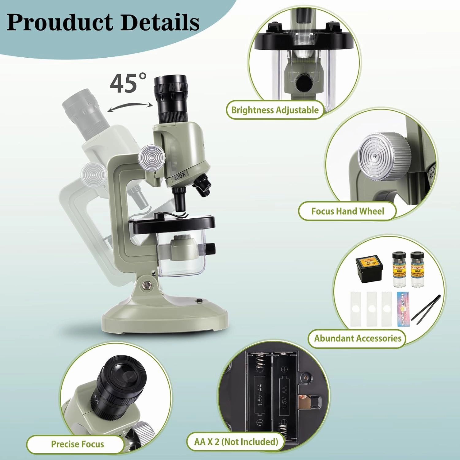 Science Kits for Kids Beginner Microscope with LED 100X 400X and 1200X-Include Sample Prepared Slides 12pc- Educational Toy Birthday Valentine's Day Gift Green