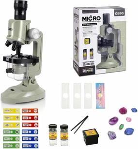 Science Kits for Kids Beginner Microscope with LED 100X 400X and 1200X-Include Sample Prepared Slides 12pc- Educational Toy Birthday Valentine's Day Gift Green