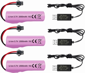 sea jump 3PCS 3.7V 2000mah SM-2P Plug Lithium Battery with USB Charging Cable for DE68 DE44 DE45W DE45 DE58 DE49 DE57 DE70 Off-Road Vehicle Truck Tank RC Remote Control Toy Car Battery