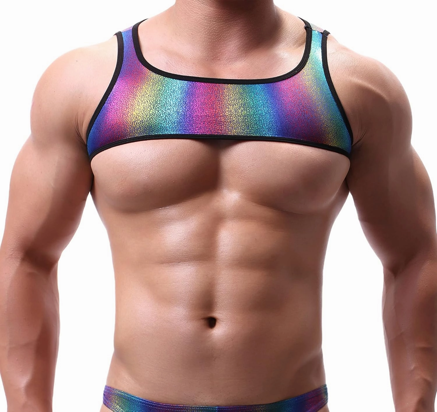 SEAUR Men's Shiny Metallic Sleeveless Half Tank Top Sexy Sparkly Arm Sleeves Shrug Muscle Workout Sports Tops Clubwear