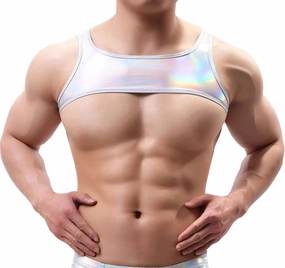 SEAUR Men's Shiny Metallic Sleeveless Half Tank Top Sexy Sparkly Arm Sleeves Shrug Muscle Workout Sports Tops Clubwear