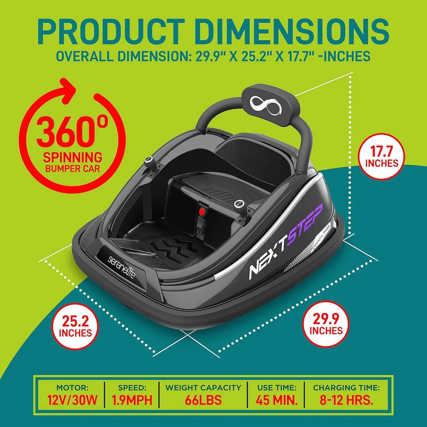 SereneLifeHome Electric Bumper Car for Kids - 12V Rechargeable Battery Powered Ride On Vehicle for Toddlers w/ 2 Driving Modes, 360 Degree Spin, Dual Joystick, Black (SLBUPC78.5)