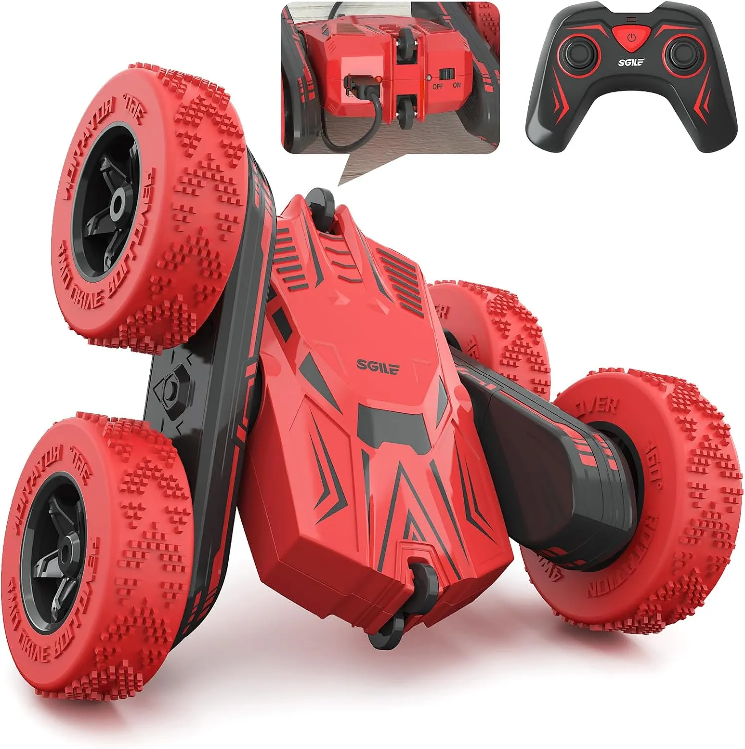 SGILE RC Stunt Car Toy Gift, 4WD Remote Control Car with 2 Sided 360 Rotating Rc Car for Kids Girls Boys Age 4 6 7 8 12, Red